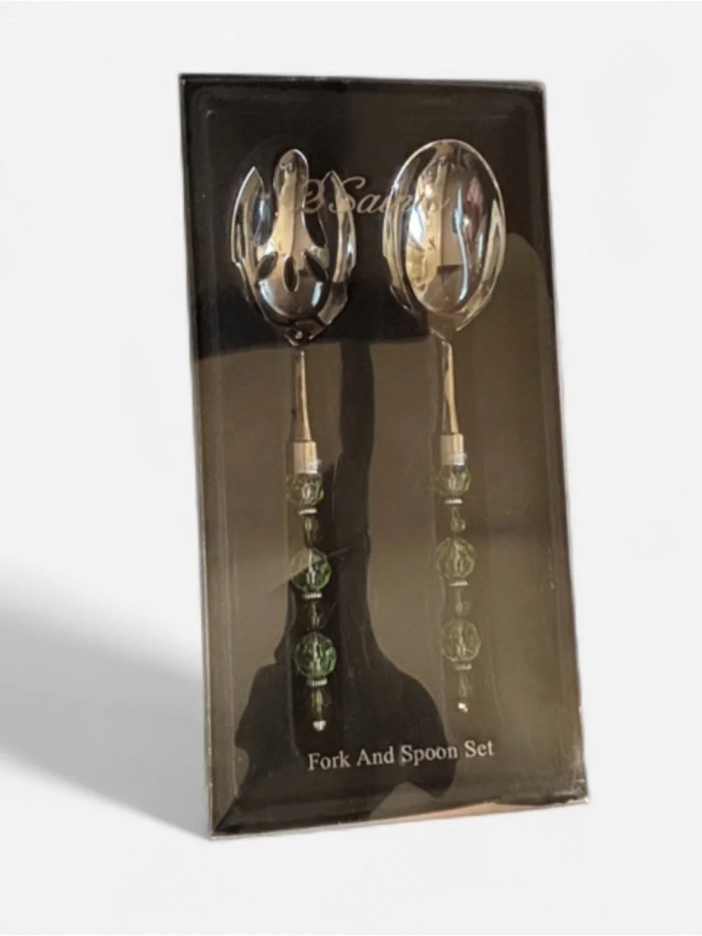 Saints Green Beaded Handle Salad Fork and Spoon Set